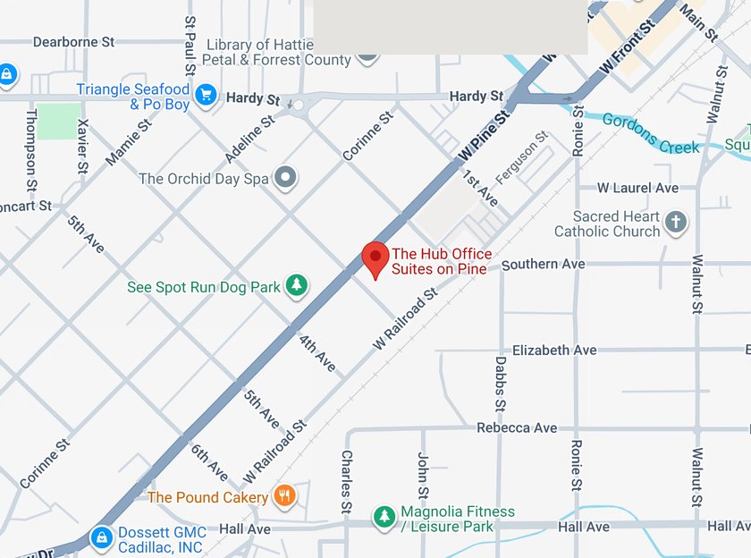 Map of The Hub on Pine, 614 West Pine Street, Hattiesburg